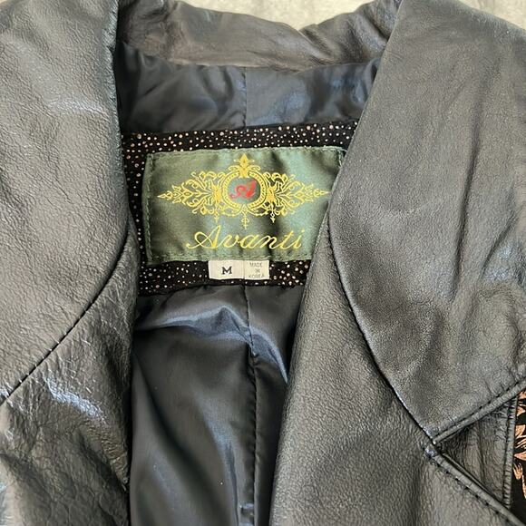 Vintage 80’s Avanti Black Leather Duster Trench Coat Copper Embossed Suede - Picture 5 of 16